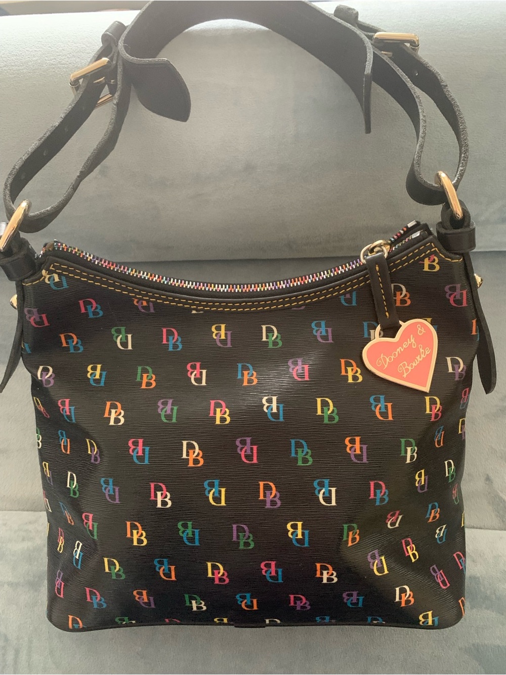 Vintage Dooney & Bourke Black Multicolor Logo Hobo Shoulder Bag